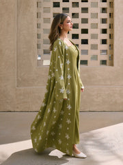 Two Pieces Square Neck Maxi Dress & Floral Embroidery Bell Sleeve Open-front layer