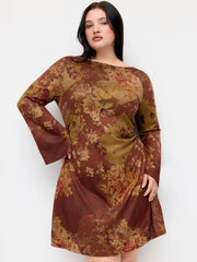 Floral Boat Neck Bell Sleeve Ruched Mini Dress Curve & Plus