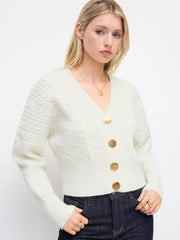 Cable Knit V-neck Metal Button Oversized Long Sleeve Top