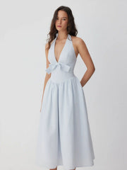 Cotton-blend Striped Halter Neck Bowknot A-line Maxi Dress