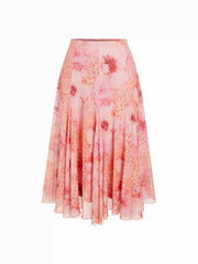 Chiffon Mid Rise Floral Hanky Hem  Midi Skirt