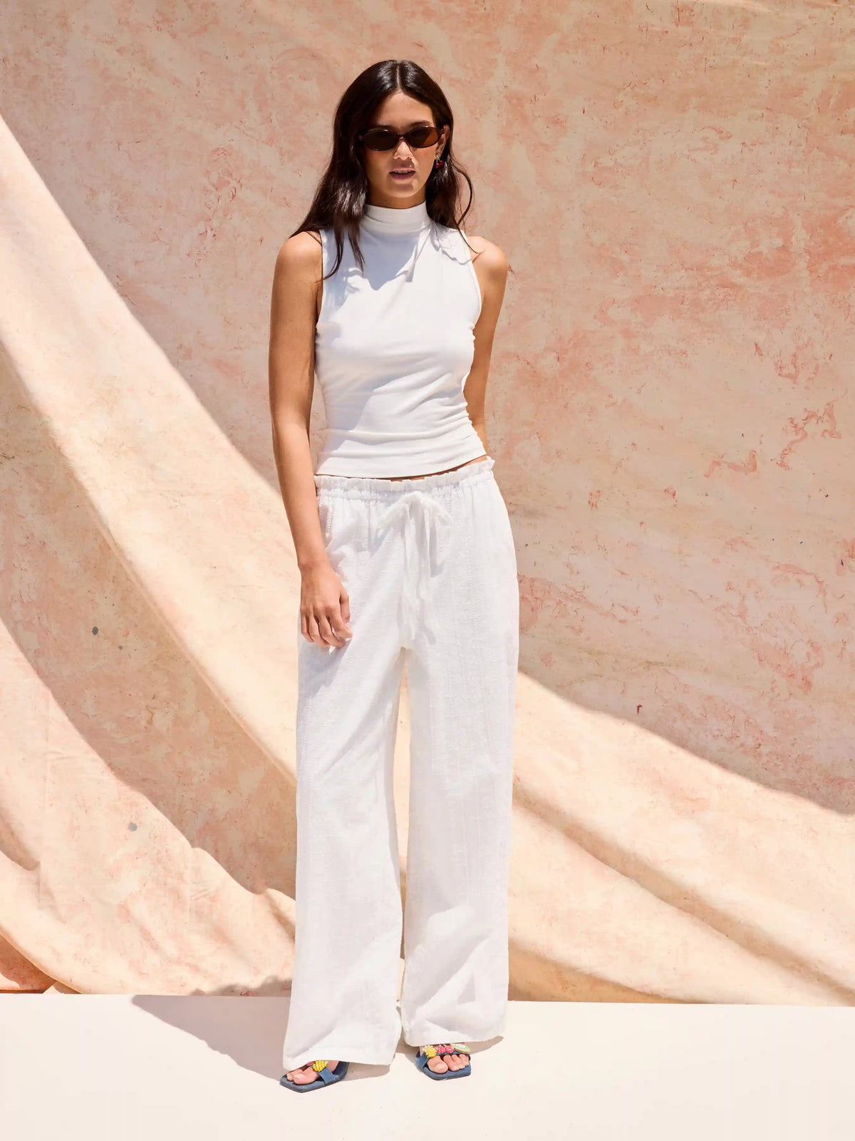 Cotton-blend Mid Rise Embroidery Drawstring Straight Leg Trousers