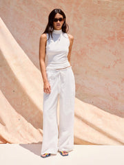 Cotton-blend Mid Rise Embroidery Drawstring Straight Leg Trousers