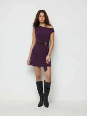 Asymmetrical Neck Draped Metal Detail A-line Mini Dress