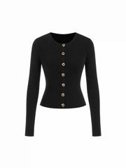 Knit Metal Button Detail Round Neckline Top