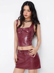 Faux Leather Square Neck Ruched Crop Cami Top