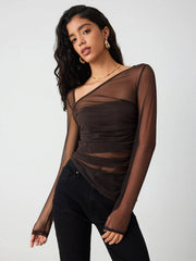 Mesh Asymmetrical Neck Long Sleeve Top