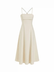 Linen-blend Square Neck Shirred Backless A-line Maxi Strappy Dress