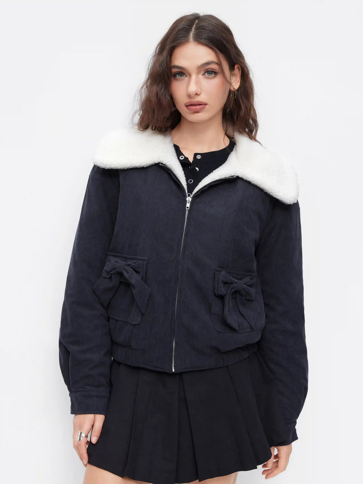 Corduroy Collar Bowknot Zip Through Oversized Jacket