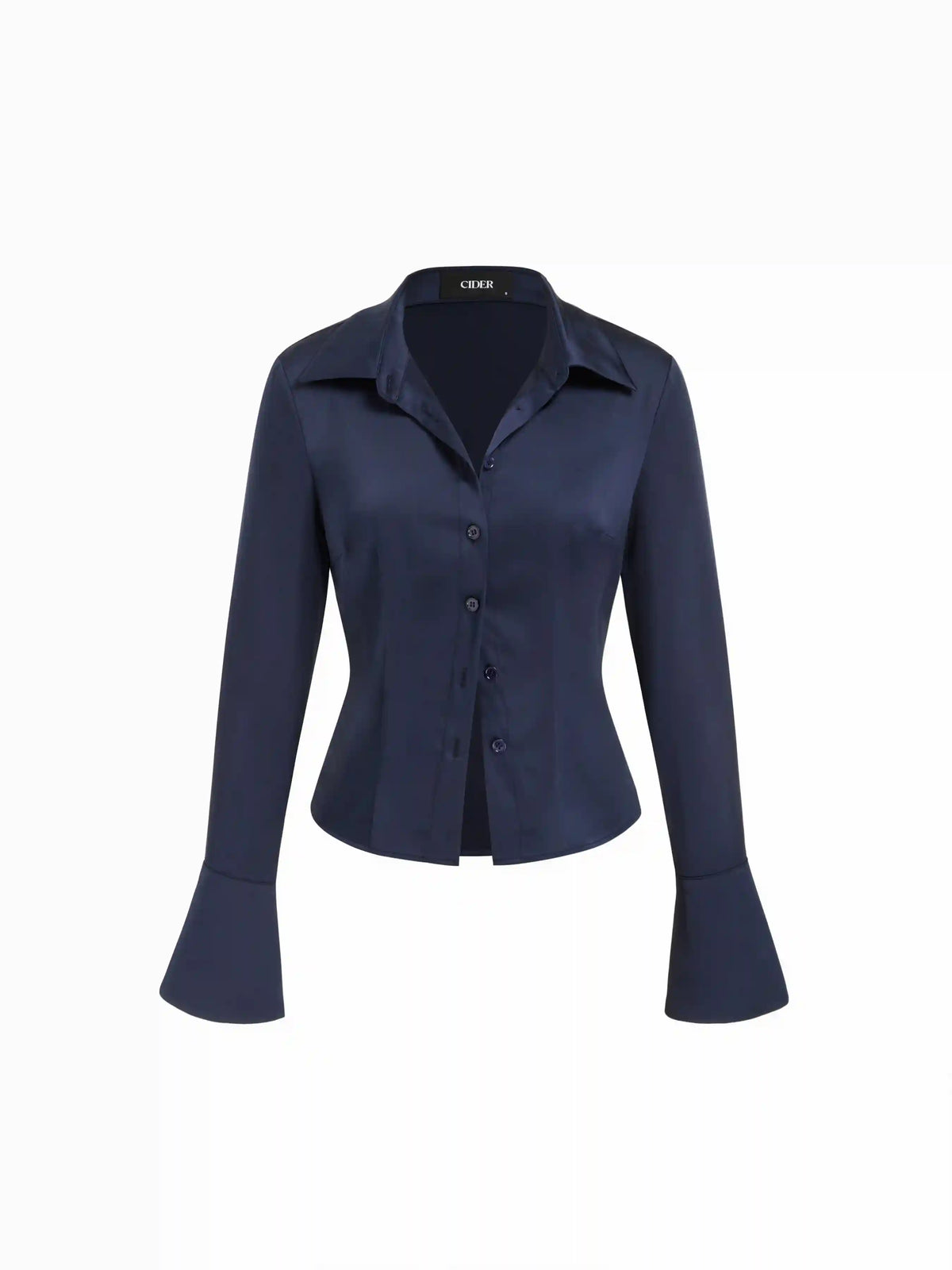 Satin Collar Button Long Bell Sleeve Shirt