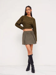 Jacquard Mid Rise Gingham Bowknot Pleated Mini Skirt