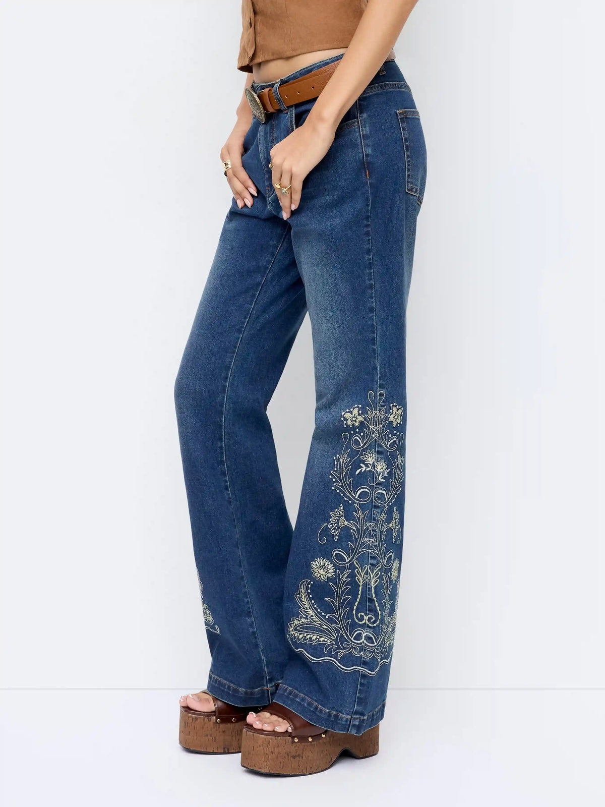 Stretch Denim Floral Embroidery High Rise Flared Trousers
