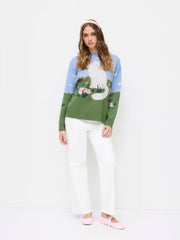 Knit Jacquard Cat & Flower Graphic Round Neckline Oversized Top