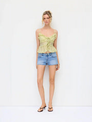 Textured Lyocell-blend V-Neck Ruffled Tie Front Cami Blouse