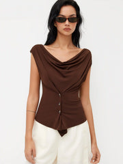 Cowl Neck Ruched Metal Detail Top