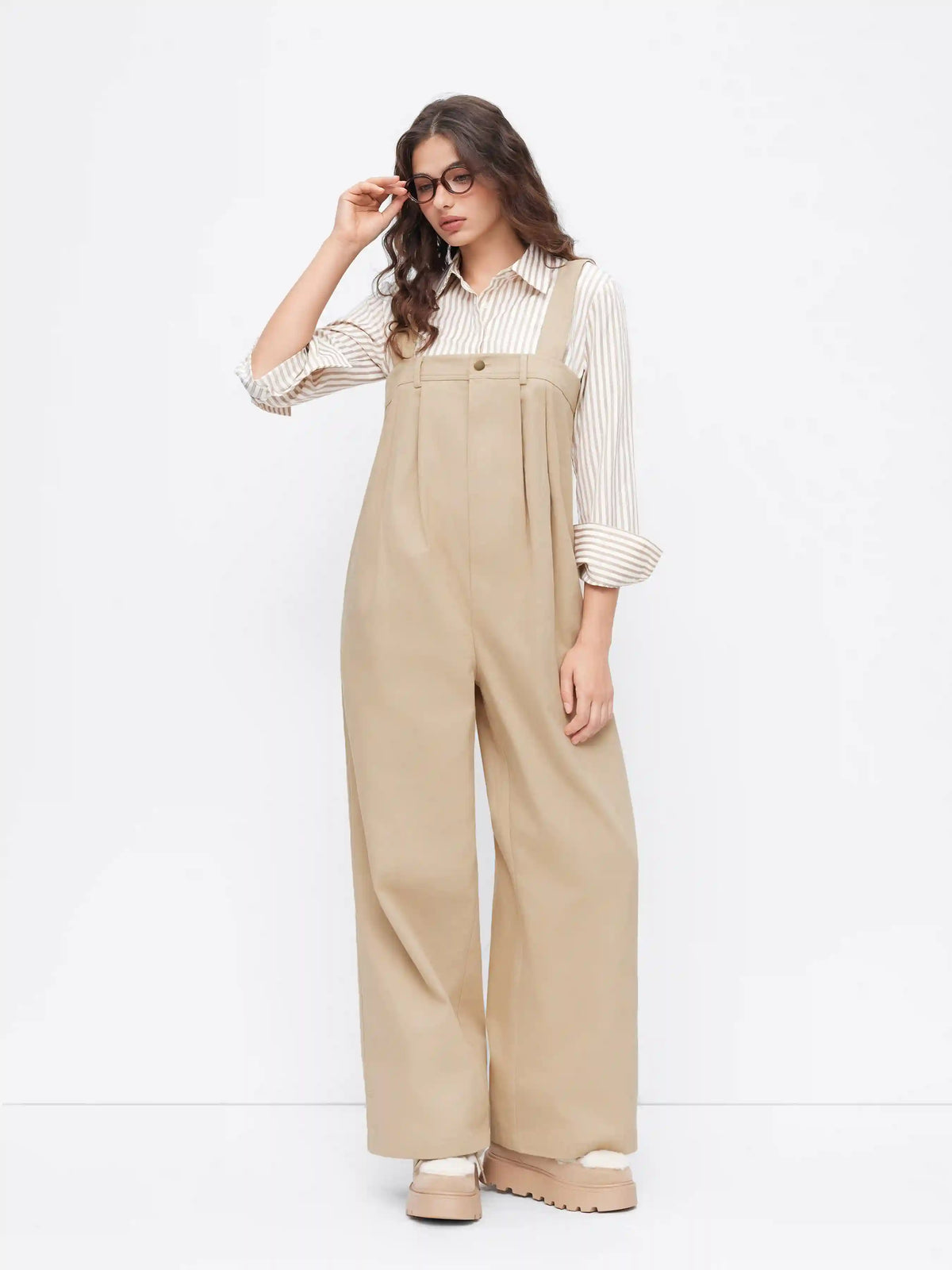 Cotton-blend Square Neck Pleated Button Wide Leg Jumpsuit