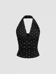 Cotton-blend Halter Cowl Neck Polka Dot Ruched Top