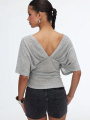 Lyocell-blend V-neck Batwing Sleeve Ruched Slim Tee