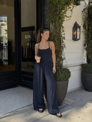 Cotton-blend Mid Rise Scoop Neck Twist Knotted Ruched Wide Leg Jumpsuit