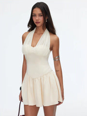 Satin Halter Neckline Ruffled Pleated Slim Mini Dress