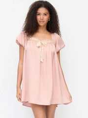 Satin Square Neck Puff Sleeve Bowknot Babydoll Mini Dress