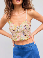 Mesh V-neck Floral Embroidery Crop Cami Top