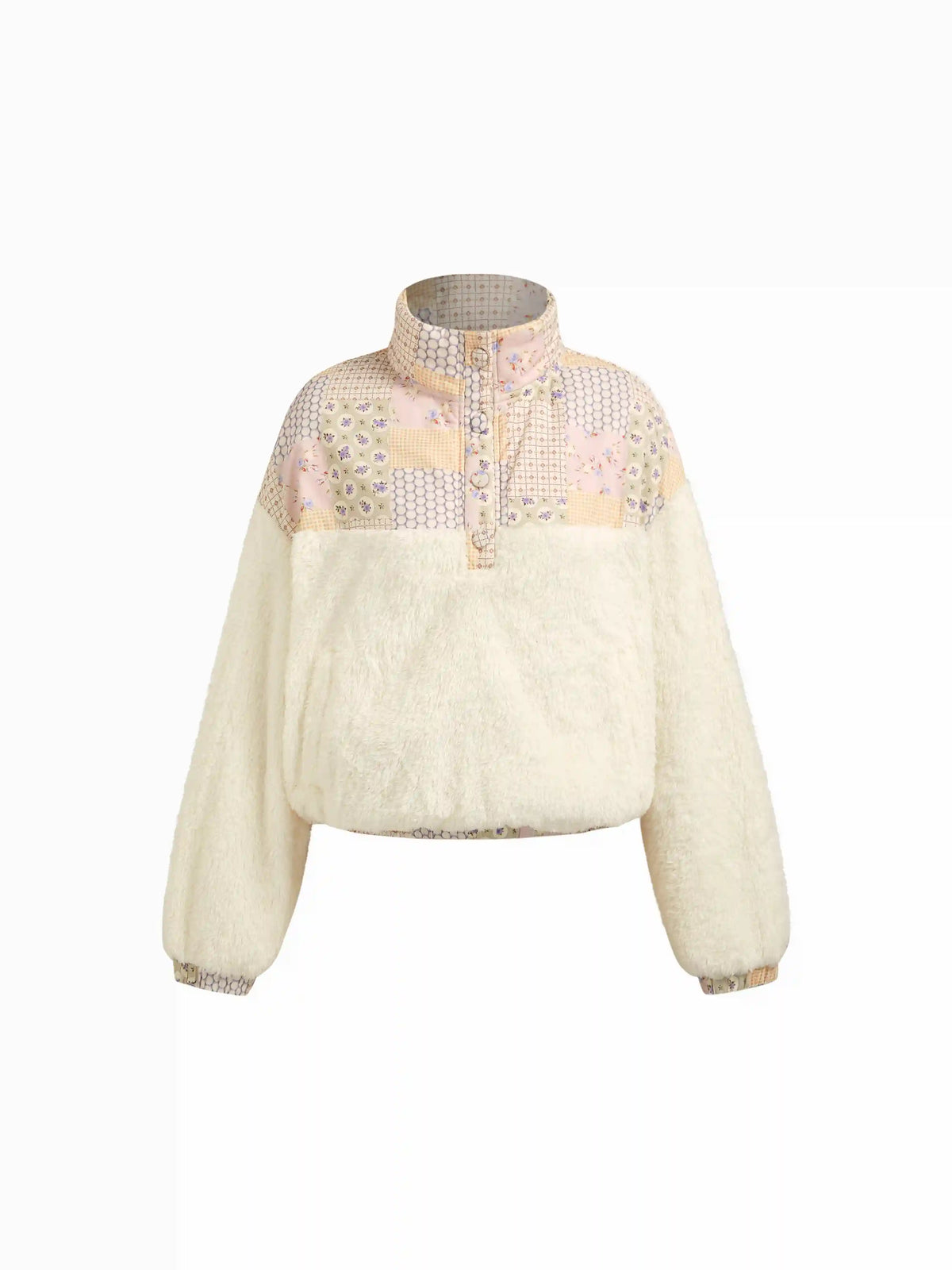 Cotton Fleece Patched Stand Collar Floral Contrasting Binding Sweatshirt