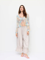 Chiffon Abstract V-Neck Ruffled Bell Sleeve Blouse
