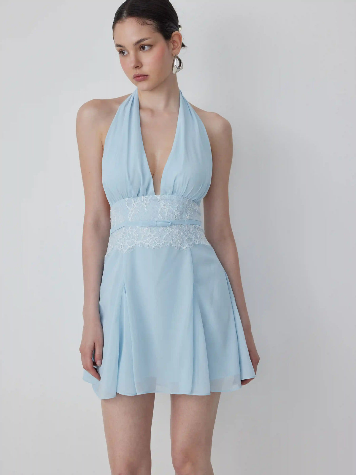 Chiffon Halter Neckline Backless Lace Panel Bowknot A-line Mini Dress