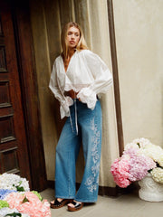 Cotton-blend V-neck Lace Panel Ruffle sleeve Oversized Crop Blouse