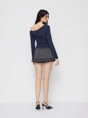 Cotton-blend Asymmetrical Neckline Bell Sleeve Ruched Top