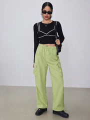 Round Neck Contrasting Binding Crop Long Sleeve Tee