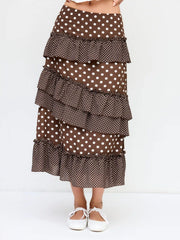 Mid Rise Polka Dot Lettuce Trim Layered Ruffle Hem Maxi Skirt