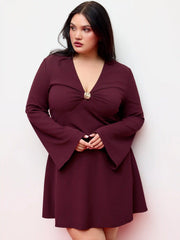 V-neck Bell Sleeve Metal Detail Mini Dress Curve & Plus
