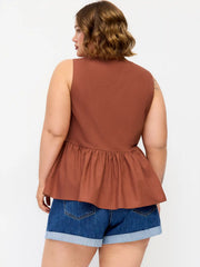 Linen-blend V-neck Ruffled Peplum Metal Detail Blazer Vest Curve & Plus