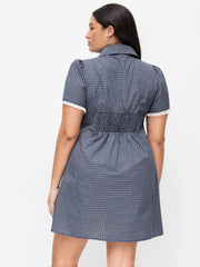 Cotton-blend Collar Check Shirred Mini Dress Curve & Plus