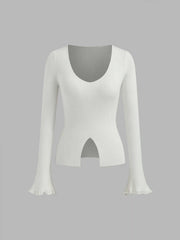Knit U-neckline Lettuce Trim Split Top