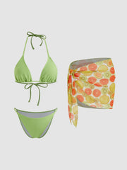 Halter Neckline Knotted Triangle Thong Bikini Set With Fruit Sarong