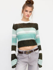 Knit Wool-blend Striped Round Neckline Bell Sleeve Crop Top