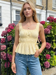 Cotton-blend Square Neck Bowknot Peplum Tank Top