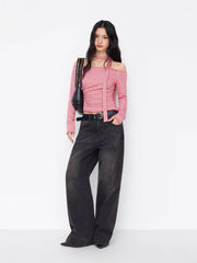 Gingham Off-shoulder Long Sleeve Ruched Asymmetrical Hem Top With Scarf