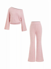 Asymmetrical Neck Oversized Top & High Rise Flared Trousers Loungewear Set