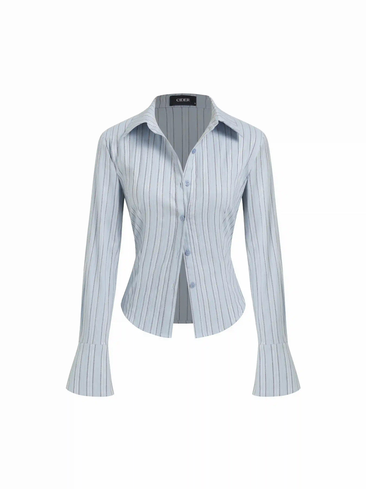 Cotton-blend Collar Striped Button Bell Sleeve Shirt