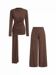 Draped Ruched Top & Mid Rise Elastic Waist Wide Leg Trousers Set
