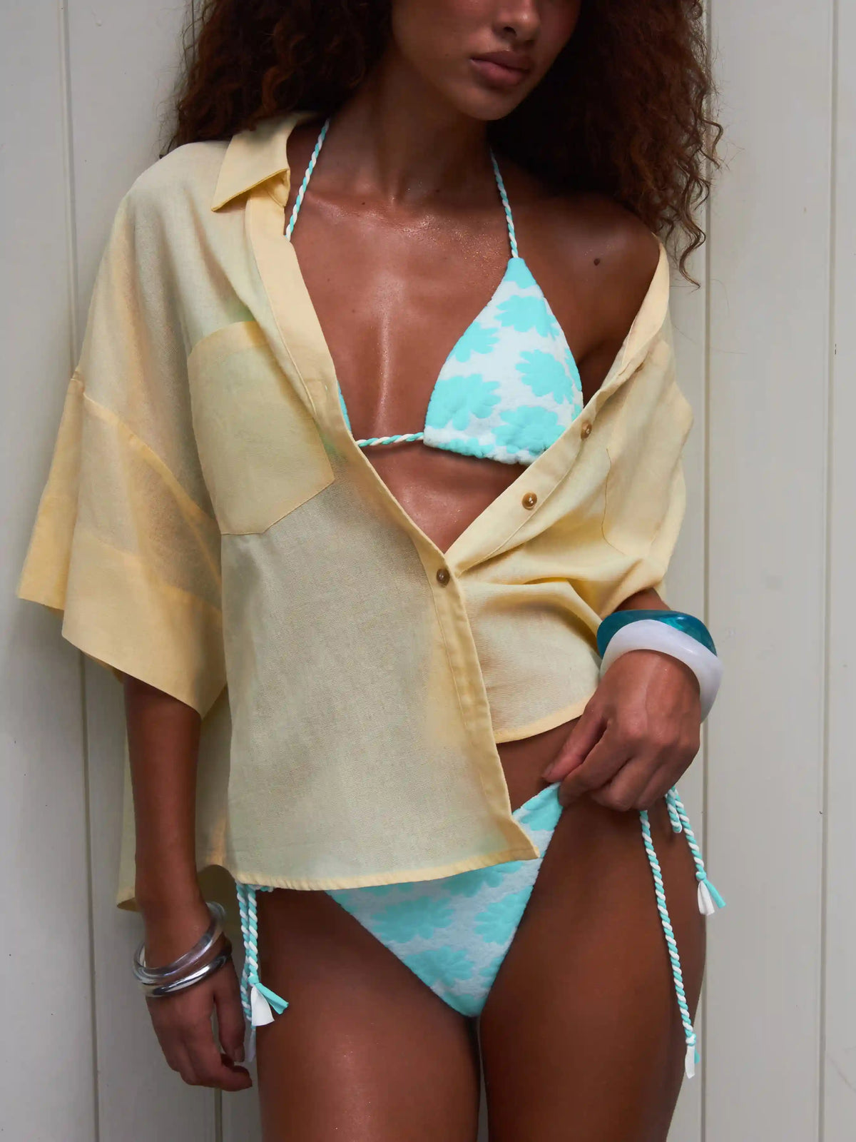 Floral Halter Neck Triangle Bikini Set With Twisted Rope Straps