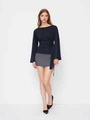 Boat Neck Stripe Knotted Bell Sleeve Blouse