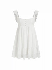 Jacquard Square Neck Ruffle Sleeve Broderie Anglaise Babydoll Mini Dress