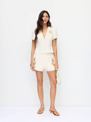 Linen-blend Fruit Graphic Mid Rise Embroidery Shorts