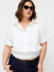 Cotton Collar Middle Sleeve Shirred Hem Shirt Curve & Plus