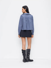 Cotton-blend Gingham Peter Pan Collar Puff Sleeve Lace Panel Blouse